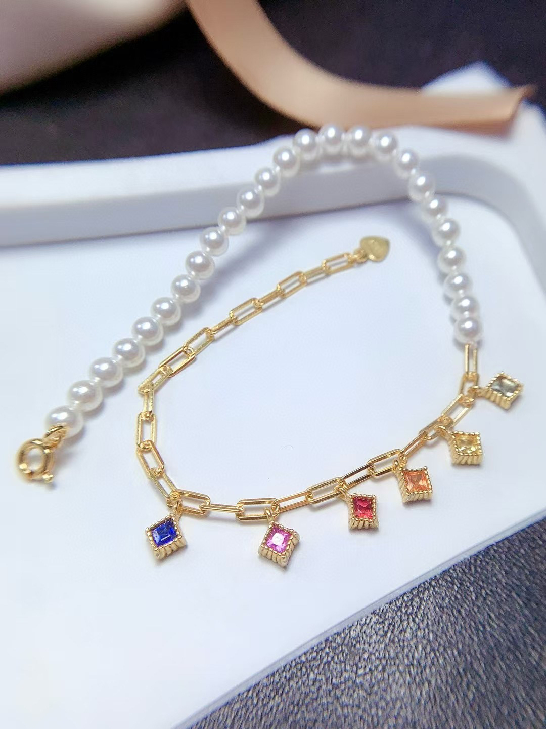 925银镀白金黄金镶嵌空托手链珍珠方3*3MM定制宝石彩色托帕裸DIY