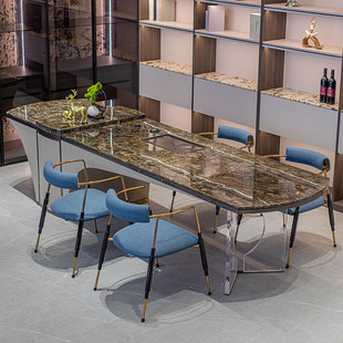 意式极简天然大理石高档别墅大平层豪华铂金钻奢石茶台功夫泡茶桌