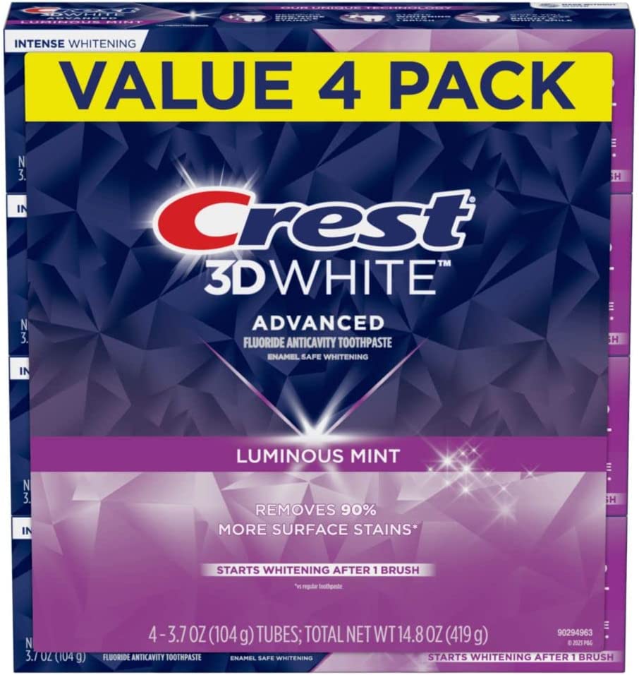 Crest 3D White Toothpaste, Advanced Luminous Mint， 4pack