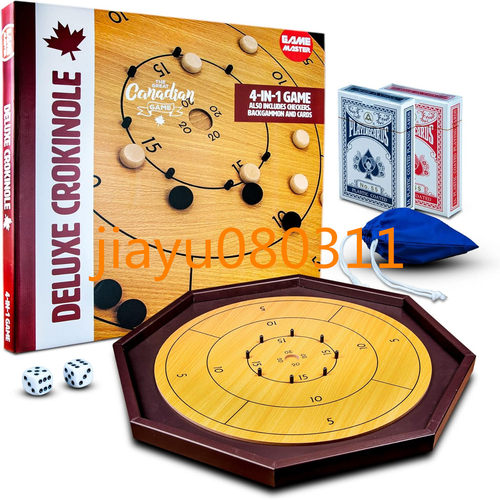 4-in-1 Deluxe Crokinole Board Game Set, Chess, Checkers