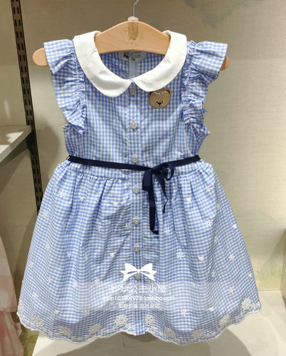 特清【支持验货】PAW22夏款女婴童装小熊格子蓝色连衣裙PCOW92642