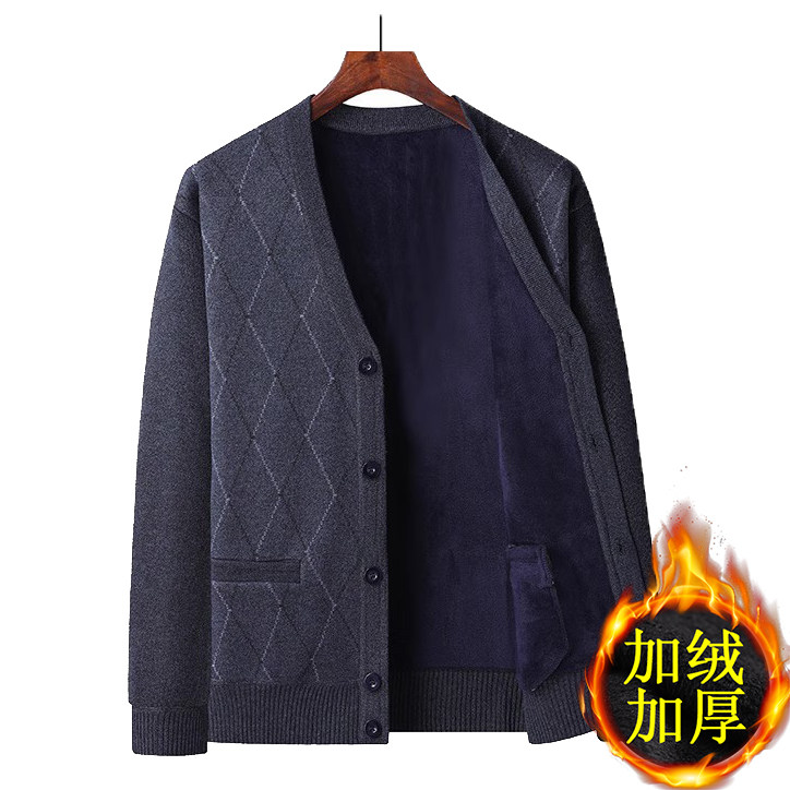 秋冬季中老年人男士毛衣开衫爸爸加绒加厚针织外套爷爷V领打底衫