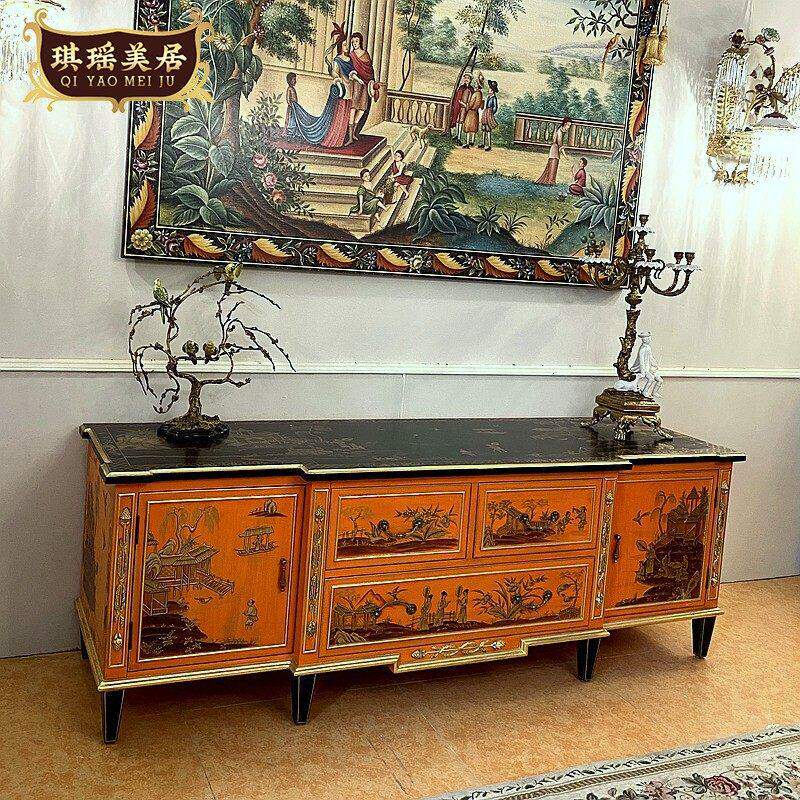新古典奢华彩绘电视柜矮柜法式中国风橙色客厅地柜别墅实木家具