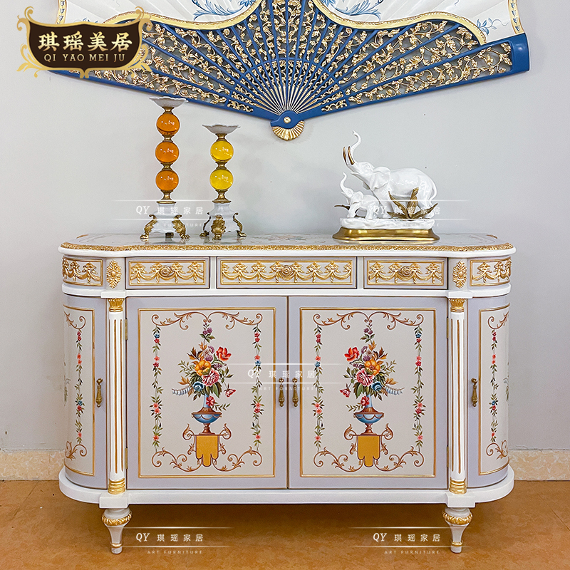 法式奢华古典艺术手绘装饰柜欧式别墅实木入户走廊柜半圆玄关柜