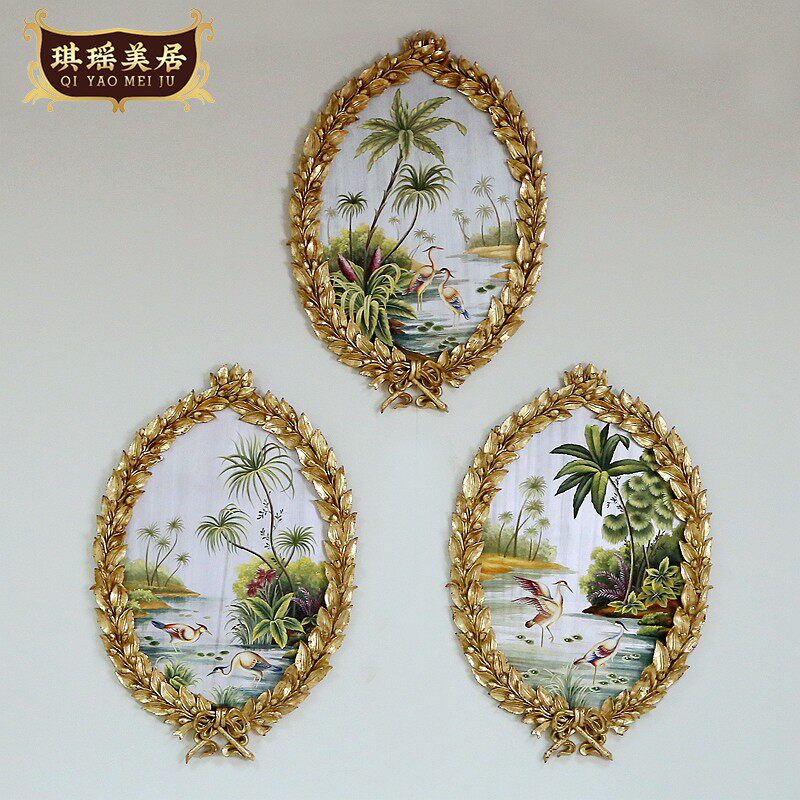 欧式奢华金箔彩绘三联木版画法式客厅玄关装饰画别墅椭圆形挂画
