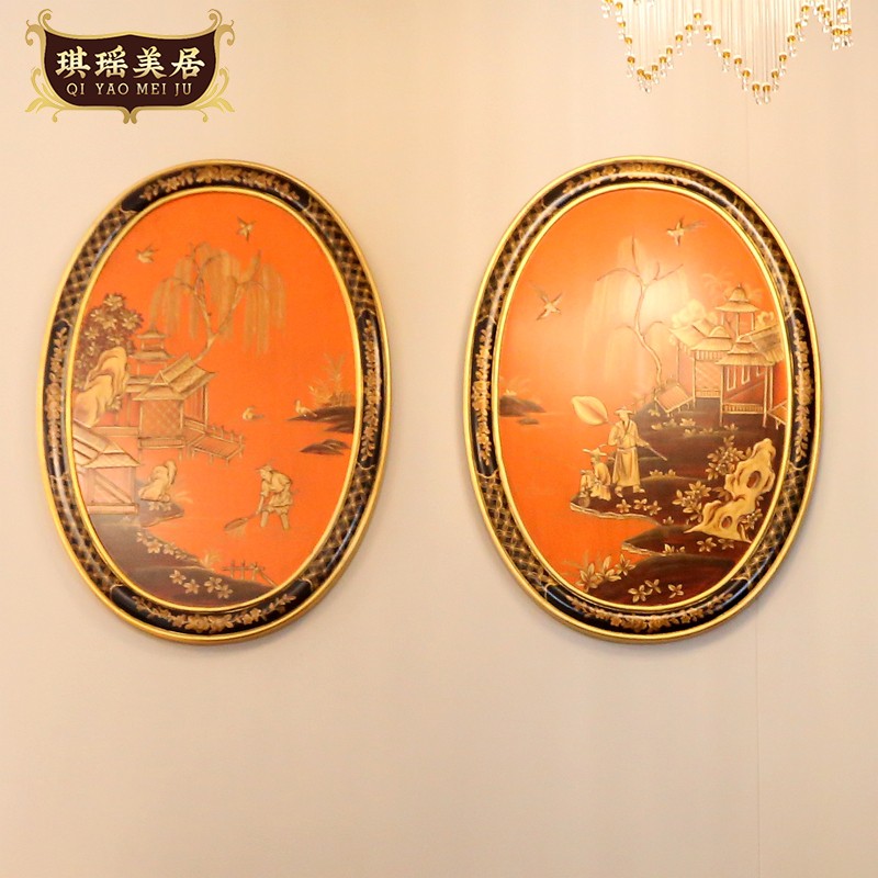 中式新古典奢华彩绘椭圆形木版画金箔橙色玄关装饰画别墅双联挂画图片