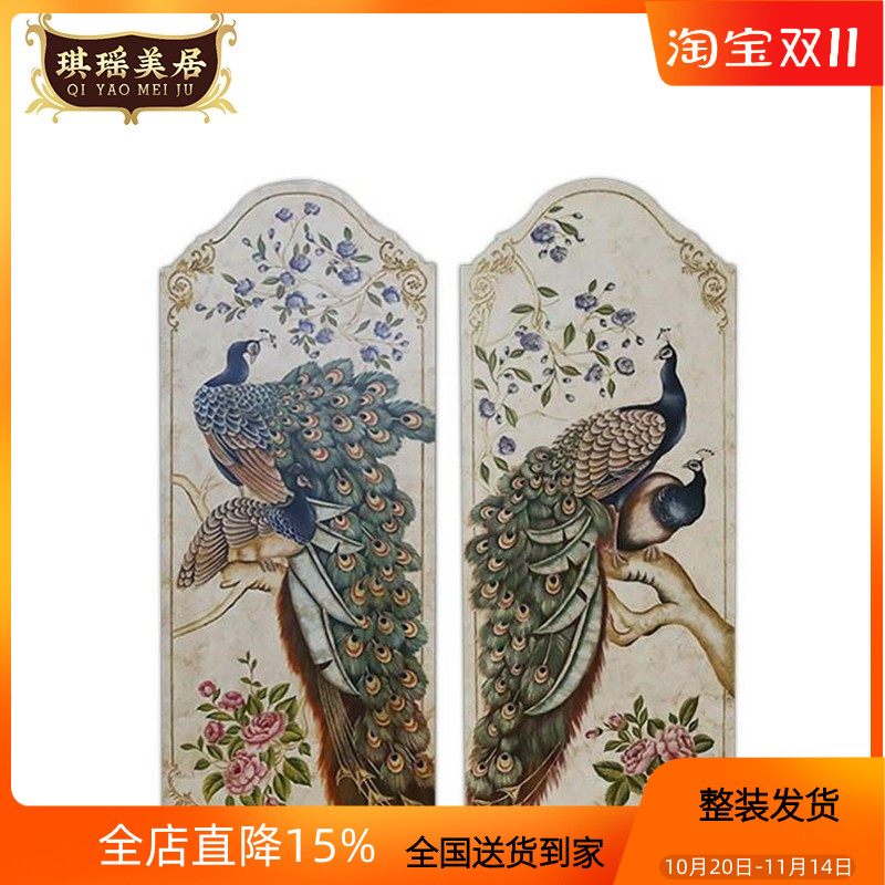 欧式奢华手绘孔雀木版画法式现代客厅玄关装饰画别墅走廊竖版挂画图片