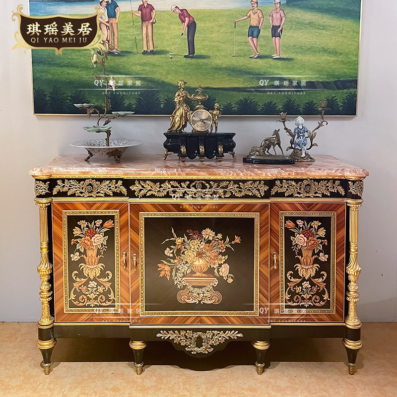 法式别墅奢华装饰柜欧式古典彩绘玄关柜实木纯铜雕花餐边柜鞋柜