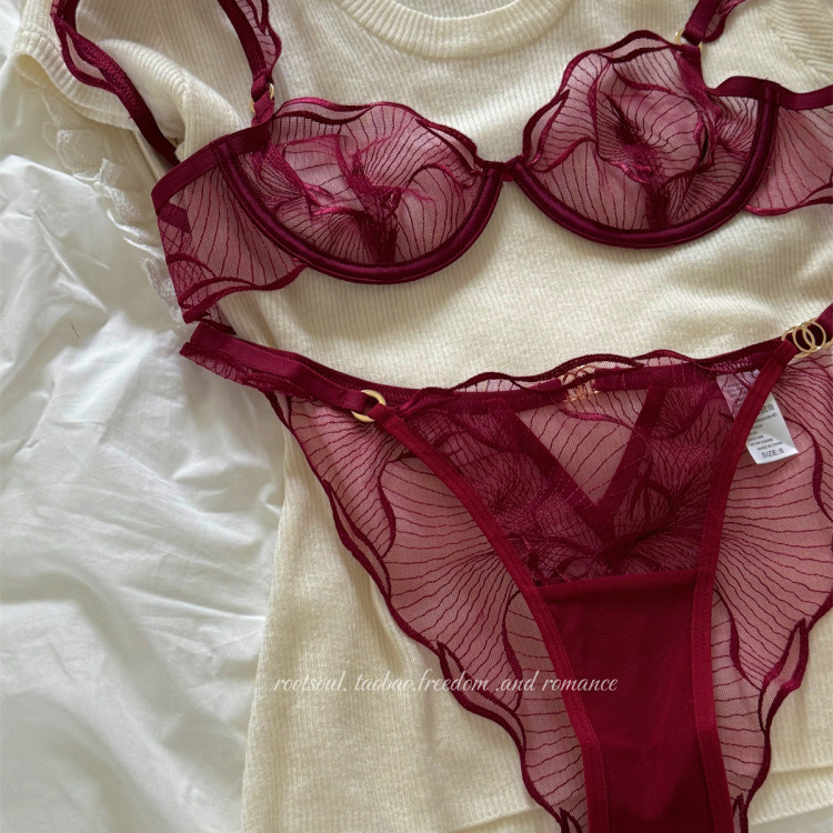 酒红花朵刺绣性感纯欲欧美法式小众薄款蕾丝上托文胸套装内衣女