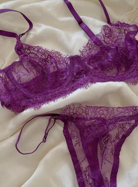 紫色！网纱性感聚拢网纱蕾丝结薄款罩杯蕾丝性感上托透气内衣套装