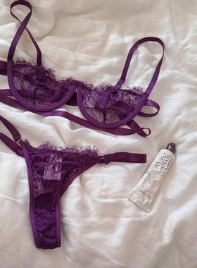 濡溯法式小众紫色氛围感刺绣蕾丝薄款法式大胸蕾丝聚拢内衣性感