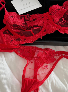 红色文胸法式蕾丝刺绣花朵内衣纯欲小清新上托大胸显小文胸套装