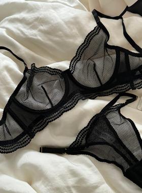 纯欲感欧美法式红色迷人小众薄款蕾丝性感薄款上托文胸套装bra