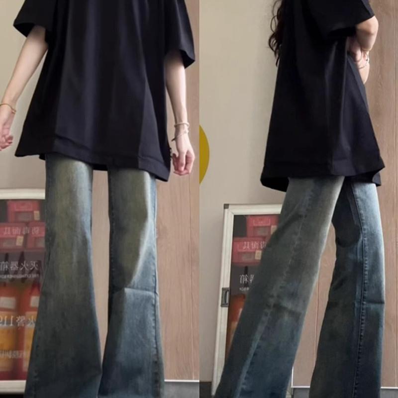 春秋美式高街微喇叭牛仔裤女夏季薄款2025新款直筒窄版阔腿裤子潮