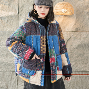 秋冬新款复古民族风印花连帽棉服女宽松显瘦加绒加厚保暖棉衣外套