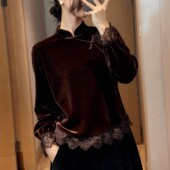 立领丝绒上衣女蕾丝拼接盘扣宽松轻熟小众内搭衬衫 早春新款 新中式