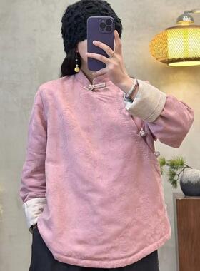 新中式国风斜襟提花盘扣打底衫长袖上衣女2025秋冬新款茶艺师小衫