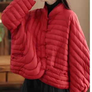 轻薄羽绒服女2025新款盘扣国风上衣冬季洋气本命年红色白鸭绒外套