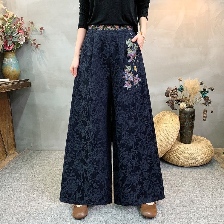 秋季新款中式风重工绣花高腰阔腿裤女宽松提花棉麻休闲裤大码女装
