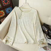 刺绣上衣女宽松套头钉珠纽扣中国风衬衫 春季 风圆领长袖 新中式 新款