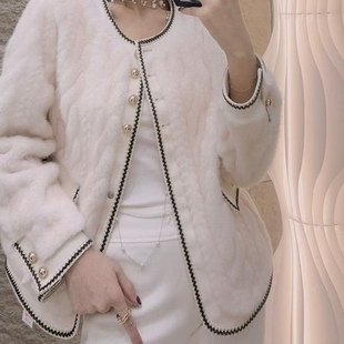 正品小香风皮毛一体短款外套女冬装2025年新款宽松减龄水貂绒皮草