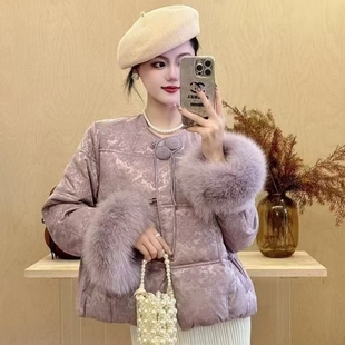 新中式90白鸭绒红色保暖羽绒服女冬季拼接狐狸毛短款国风女装外套