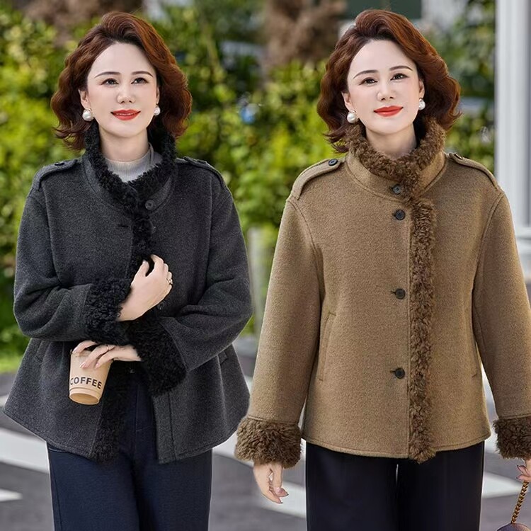 2026新款中老年女装毛领双面呢外套妈妈装短款加厚毛呢大衣洋气