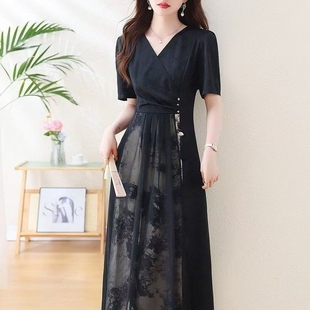 高级感妈妈夏装雪纺连衣裙喜婆婆婚宴装礼服裙子中老年女V领长裙
