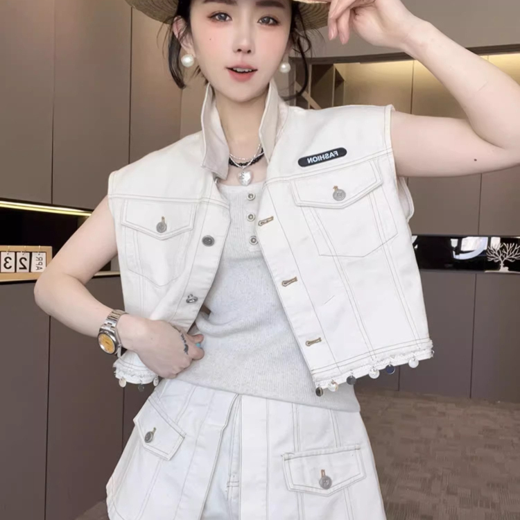 单排扣无袖马甲高腰裙裤短裤牛仔套装两件套女2025春季新款欧洲站