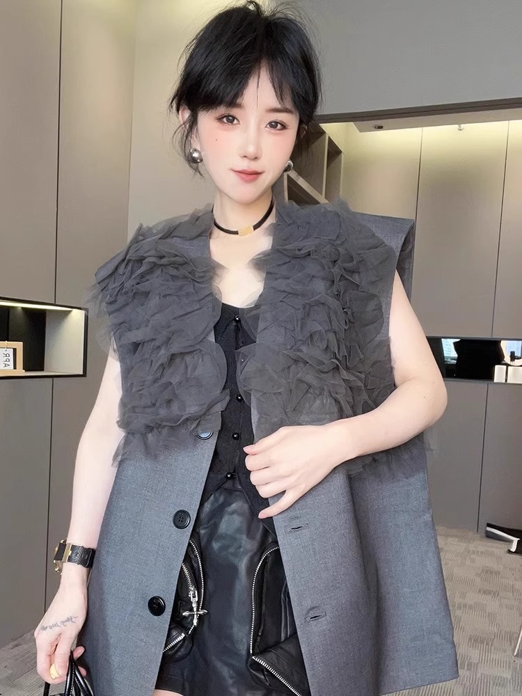 【现货】马甲女2024秋季网纱拼接中长款单排扣外套纯色无袖上衣