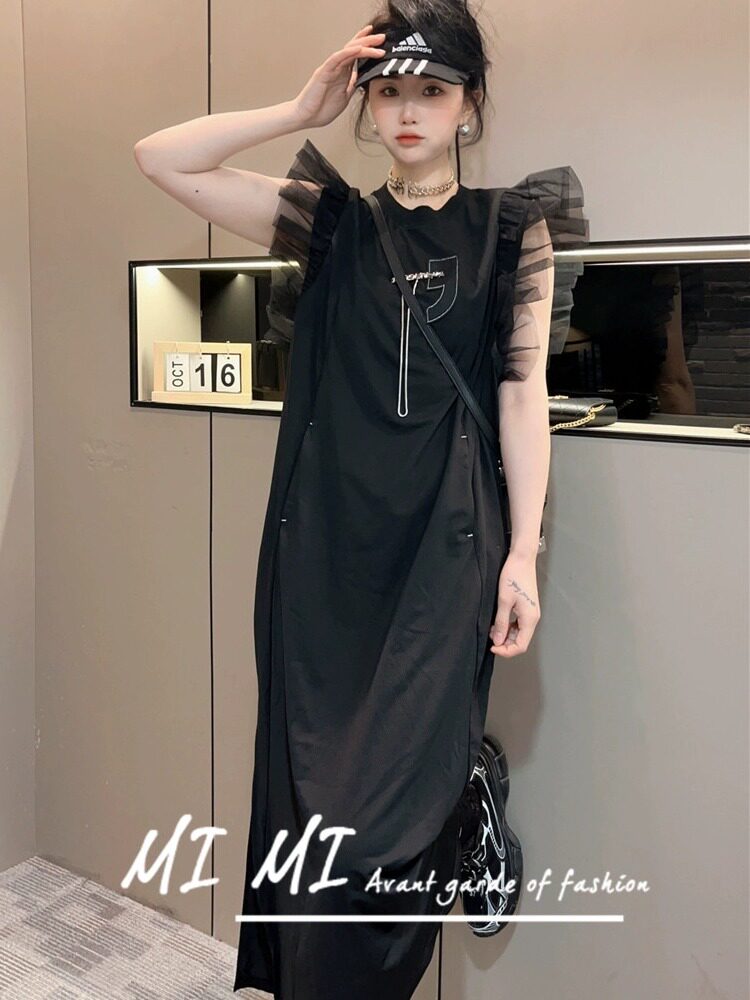 连衣裙女2026春季新款欧洲站气质减龄潮流网纱拼接链条中长款裙子