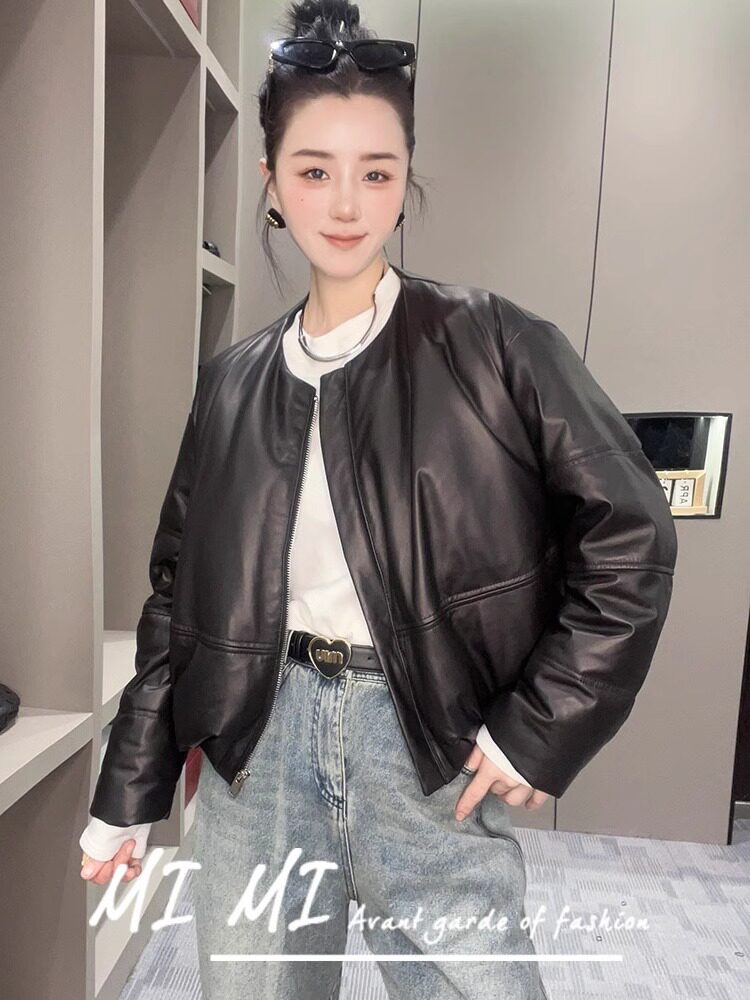 圆领拉链开衫绵羊皮皮衣长袖