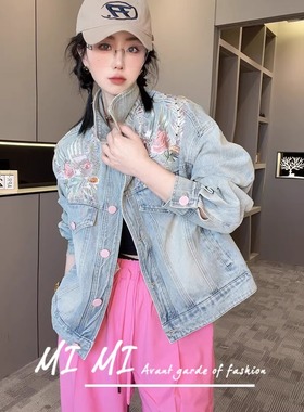 RR fshion 复古重工刺绣单排扣上衣长袖牛仔外套女2025春季新款