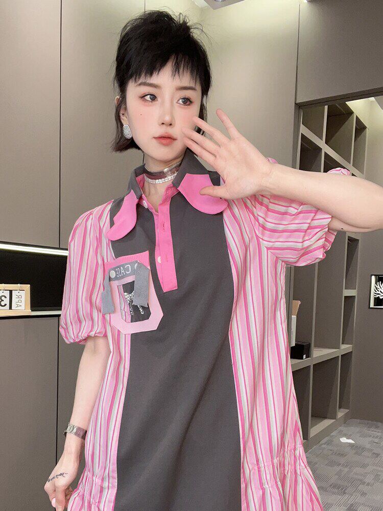 短袖条纹连衣裙女2024夏
