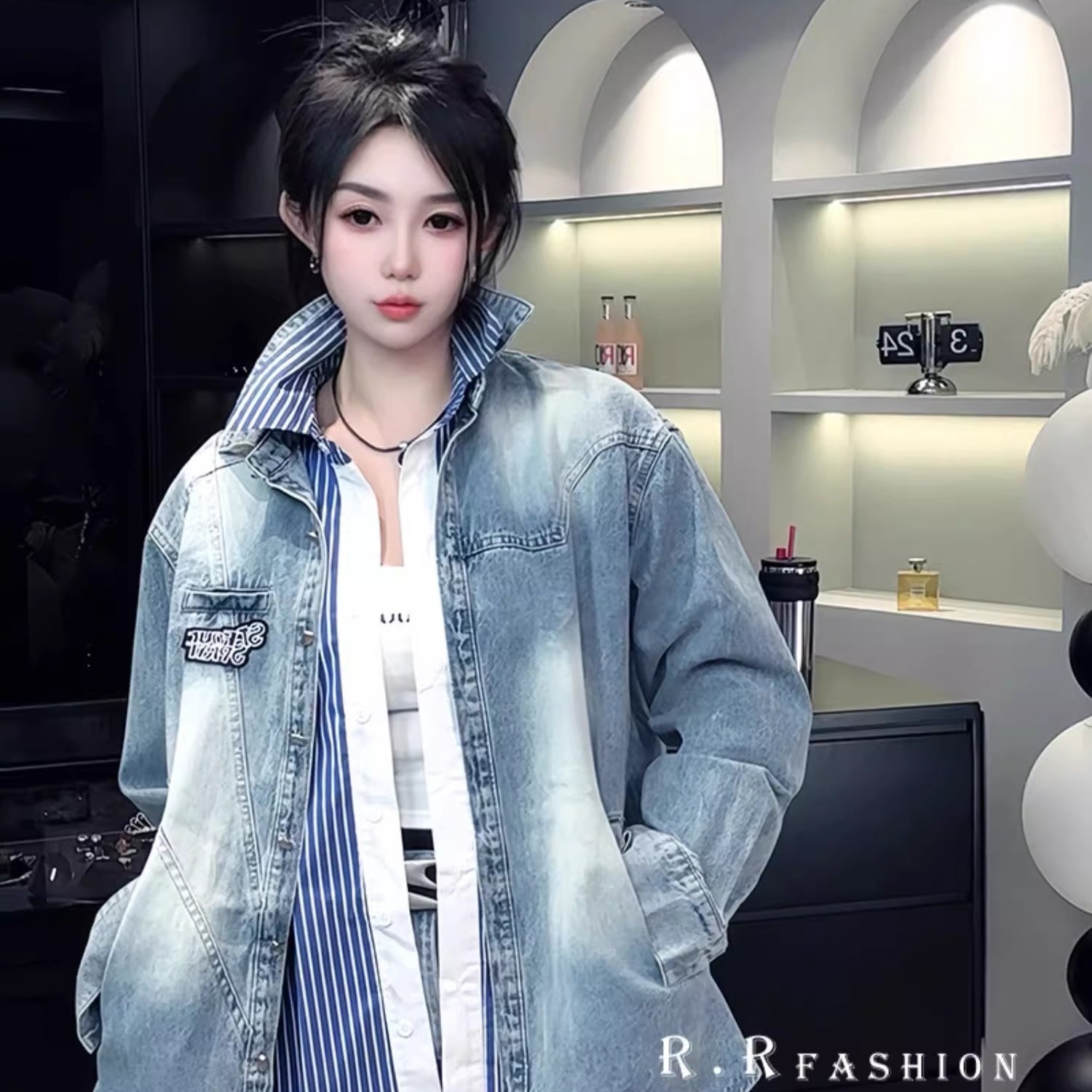 假两件拼接牛仔衬衫女2025春季新款中长款拼色条纹翻领长袖上衣