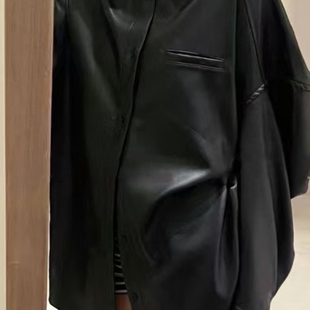 长袖 皮衣女2025春季 宽松百搭单排扣中长款 新款 上衣 纯色蛋白皮衬衫