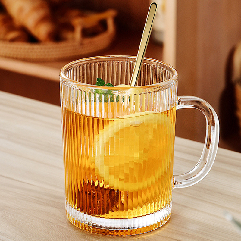 创意竖纹玻璃杯把手夏季水杯果汁杯带把咖啡杯玻璃大口牛奶杯
