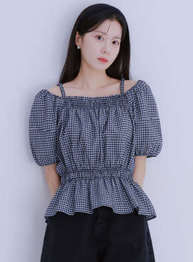 韩国代购直邮roem折扣清仓吊带一字领泡泡短袖格纹收腰夏季衬衫