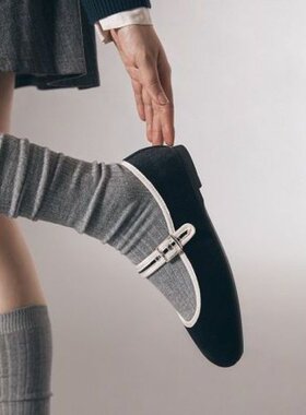 韩国代购SHOOPEN折扣春秋舒适灯芯绒搭扣复古拼色包边低跟女单鞋