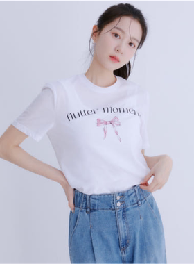 韩国代购直邮罗燕ROEM正品折扣清仓粉色蝴蝶结字母轻薄短袖T恤