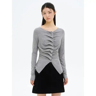 韩国代购直邮8SECONDS8秒正品2025折扣清仓切边褶皱显瘦长袖短T恤