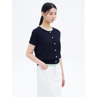 韩国代购直邮8SECONDS8秒正品2025折扣清仓拼色边针织短袖短T恤