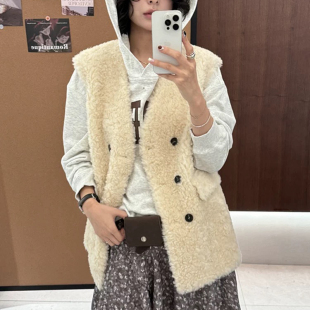 DIHUAYI慵懒风中长款洋气宽松马甲026年冬季双排扣白色V领女士