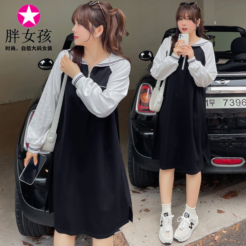 胖女孩大码韩版学院风海军领撞色连衣裙秋新款加肥显瘦遮肉女裙子