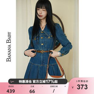 新款 牛仔连衣裙女复古polo领高腰百褶短裙 BABY2025年秋季 BANANA