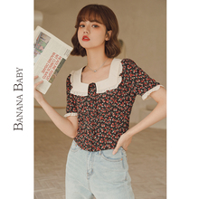 BANANA BABY2020夏季新款娃娃方领设计感小众雪纺碎花衬衫女上衣
