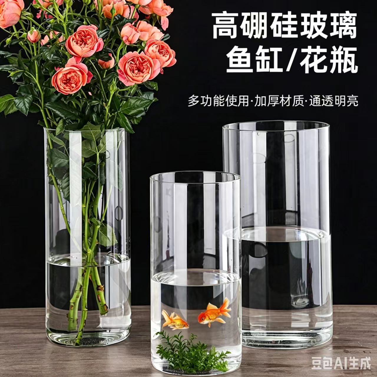 高硼硅圆柱形玻璃鱼缸花瓶图片
