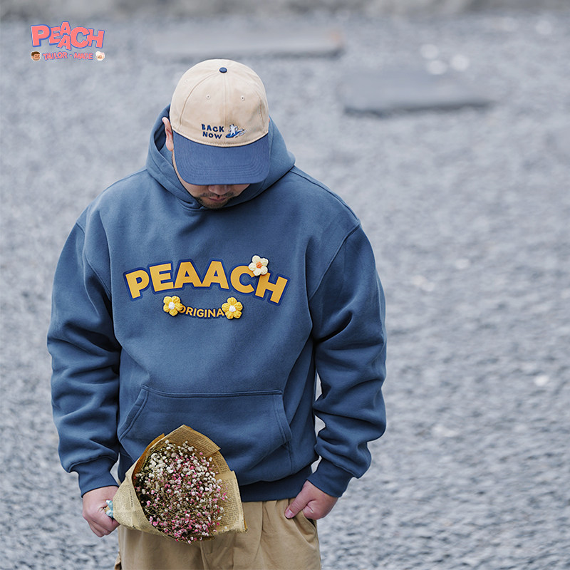 PEAACH日系秋冬加绒保暖宽松大码连帽长袖卫衣美式简约休闲帽衫男