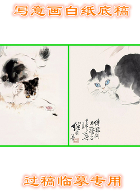3LJL41小猫咪动物写意画白纸底稿实物国画稿临摹过稿条幅