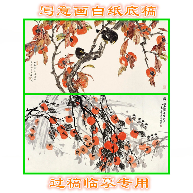 SZ柿子瓜果图案事事如意写意画白描底稿中国画花鸟国画稿横幅
